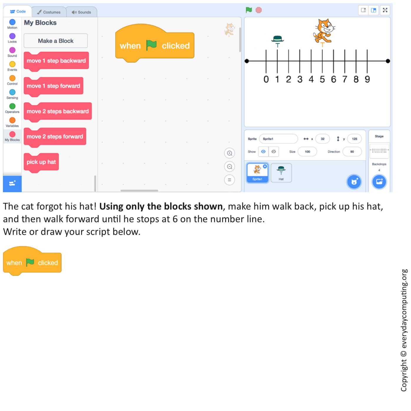 Assessment item designed to measure a student's understanding of sequence by using Scratch blocks to move a cat along a numberline to pick up his hat and then walk to 6 on the numberline