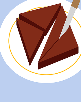 A knife cutting a square brownie into triangular pieces