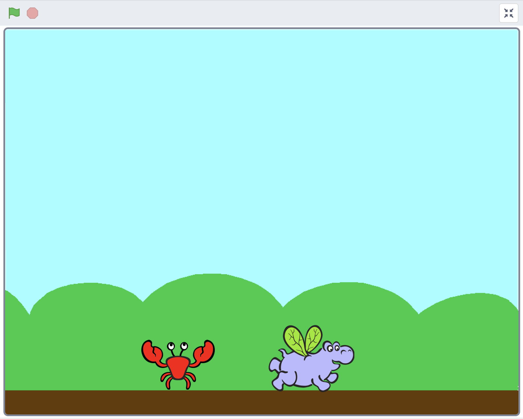 Scratch project stage depicting a crab and a hippo in a jungle.