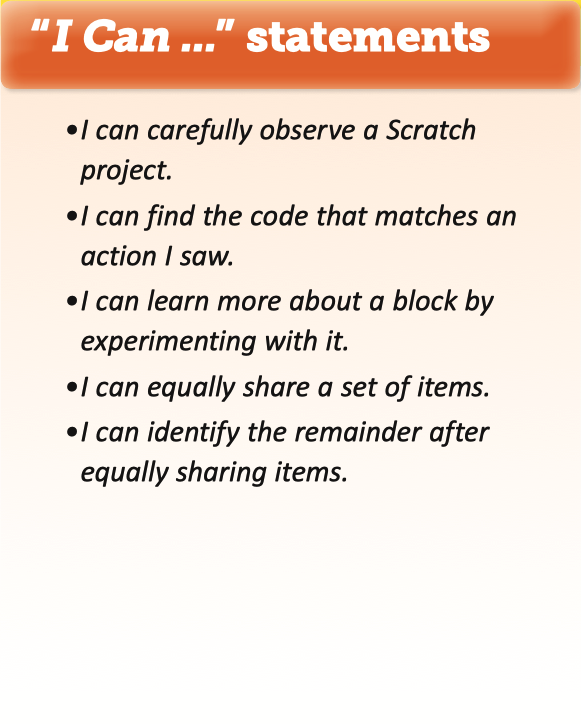 5 "I Can" statements: I can carefully observe a Scratch project. I can find the code that matches an action I saw. I can learn more about a block by experimenting with it. I can equally share a set of items. I can identify the remainder after equally sharing items.
