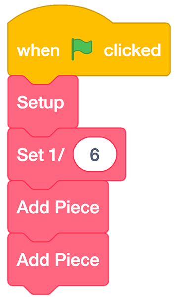Scratch code blocks which demonstrate how to add two sixths to a circle