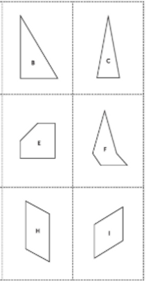 A grid with 6 shape outlines — a pair each of triangular, quadrilateral, and pentagonal shapes