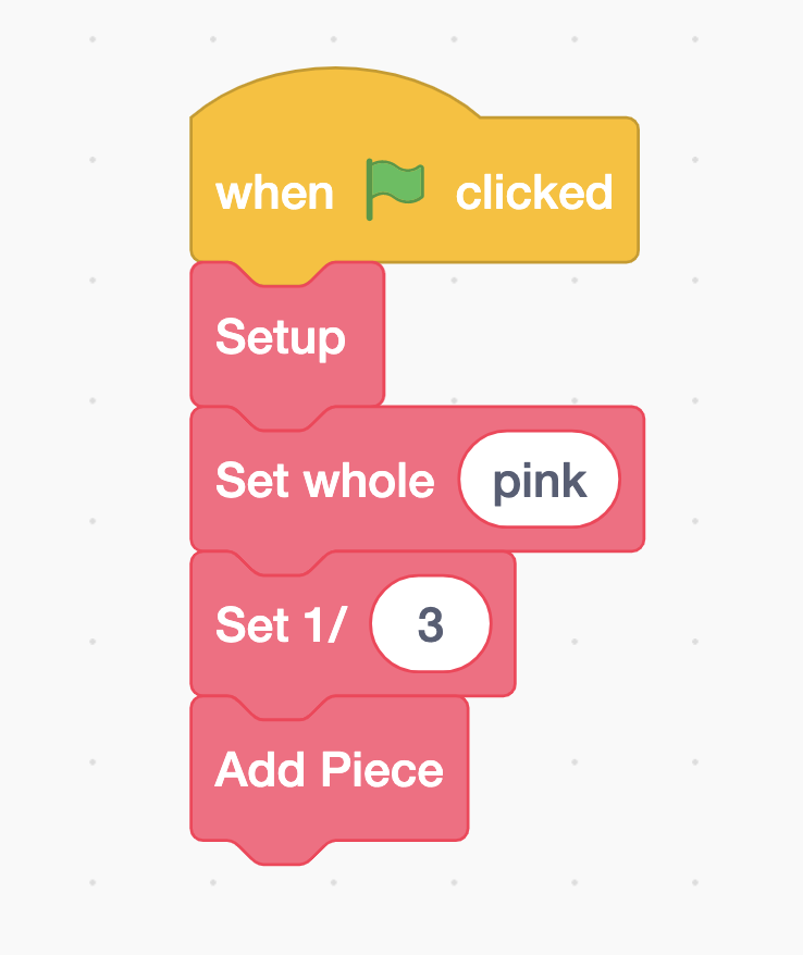 Scratch code blocks which demonstrate how to set a semi-circle to pink, then add a fractional piece on top of it