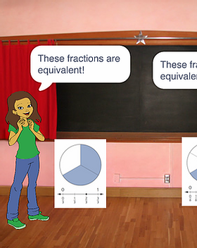 A girl commenting “These fractions are equivalent” about a circle divided into three equal wedges and another circle cut off at the edge of the image