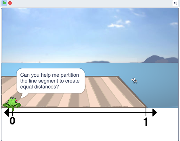 Scratch project stage depicting a frog sitting on a pier with a number line underneath; the frog is at point zero and a fly near point 1. The frog asks, "Can you help me partition the line segment to create equal distances?"