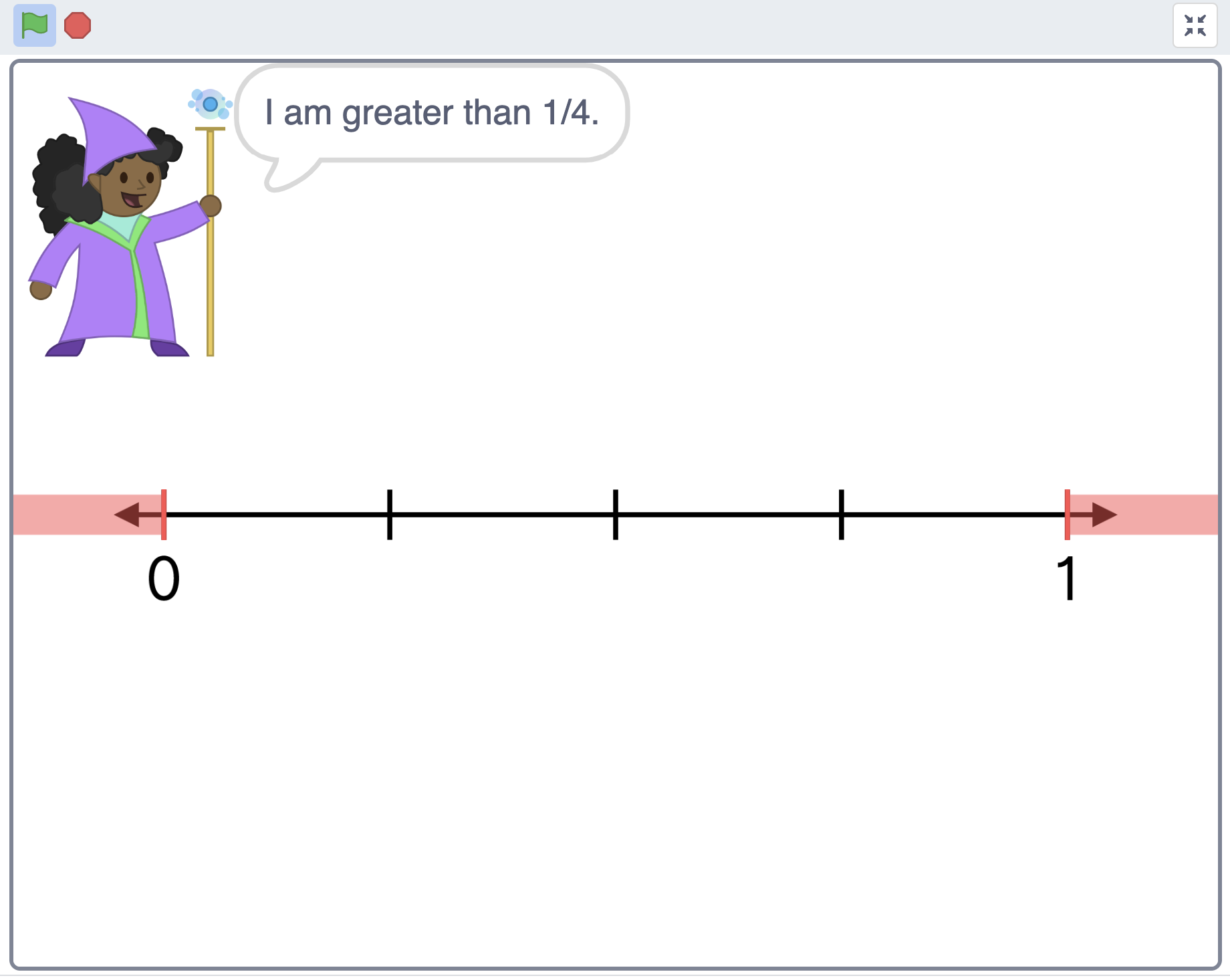 Scratch project stage depicting a girl dressed as a wizard, saying "I am greater than one-fourth." She stands over a number line divided in four parts.