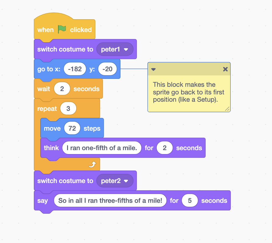 Scratch code blocks which make a sprite run along a number line for three-fifths of a mile