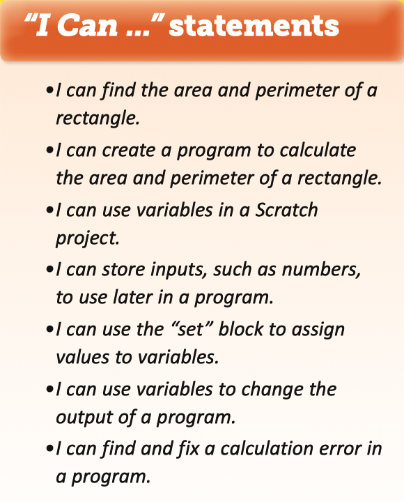 7 "I Can" statements: I can find the area and perimeter of a rectangle. I can create a program to calculate the area and perimeter of a rectangle. I can use variables in a Scratch project. I can store inputs, such as numbers, to use later in a program. I can use the “set” block to assign values to variables. I can use variables to change the output of a program. I can find and fix a calculation error in a program.