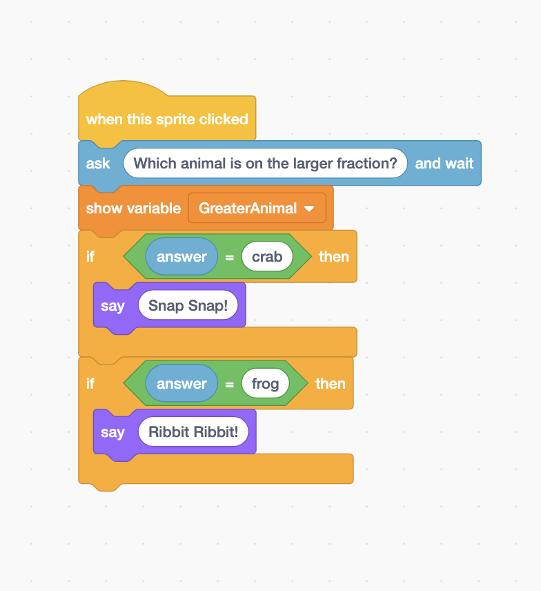 Scratch code blocks using variables and conditional logic to compare two fractions.