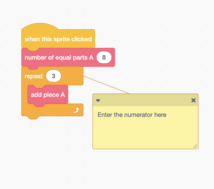 Scratch code using repetition. A comment for the repeat block says, "Enter numerator here."