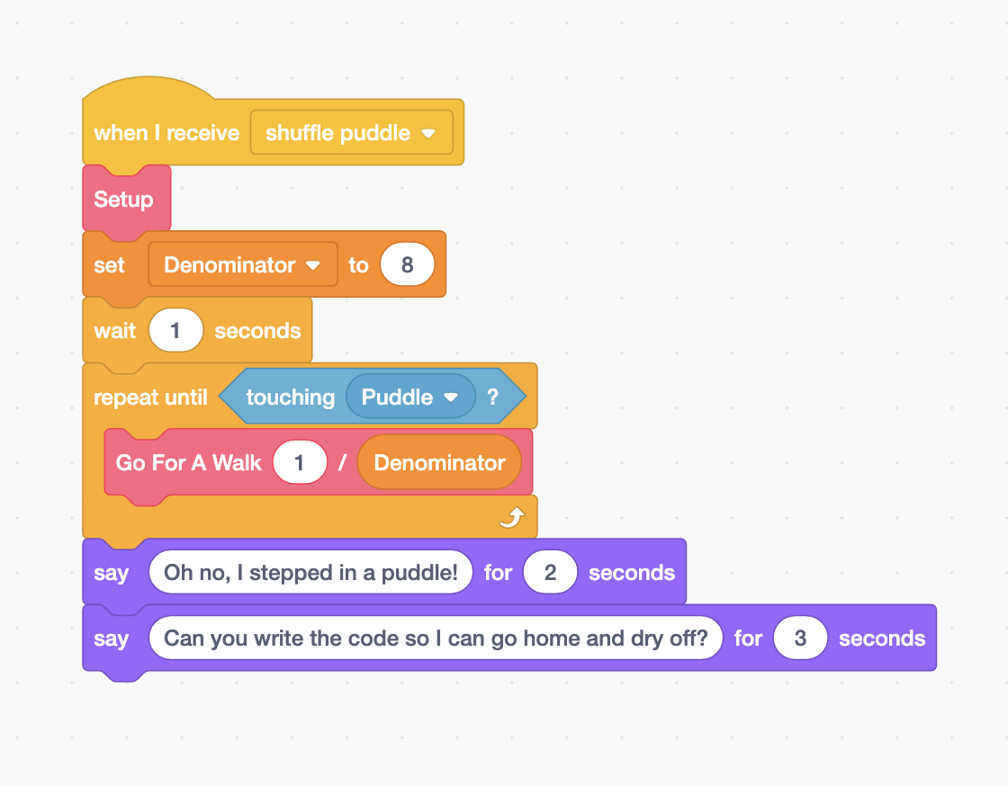 Scratch code blocks using repetition to make the sprite reach its destination and speak.
