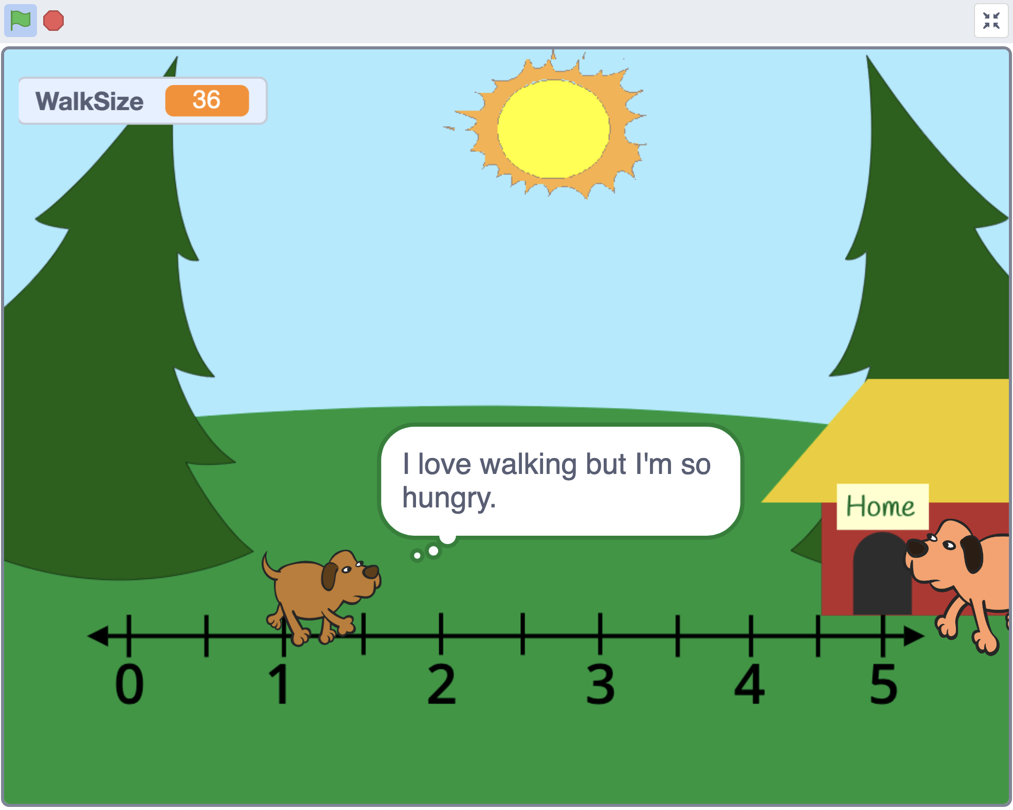 Scratch project stage depicting an outdoor setting with a house at the end of a number line. One dog walks over the number line towards another dog at the end near the house.