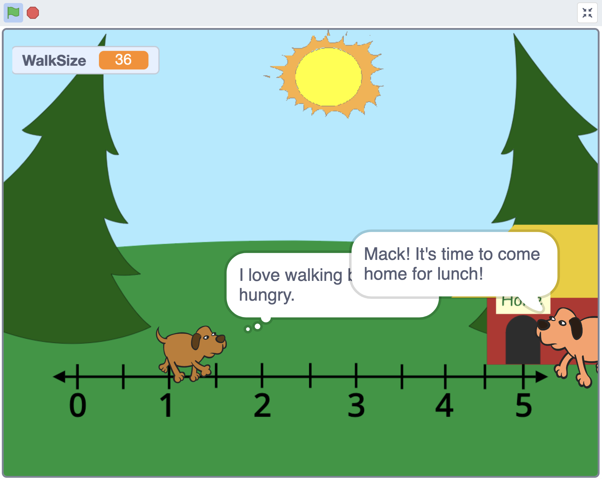 Scratch project stage depicting an outdoor setting with a house at the end of a number line. One dog walks over the number line with a speech bubble saying: "I love walking but I'm so hungry." Another dog at the end near the house has a speech bubble saying "Mack! it's time to come home for lunch."